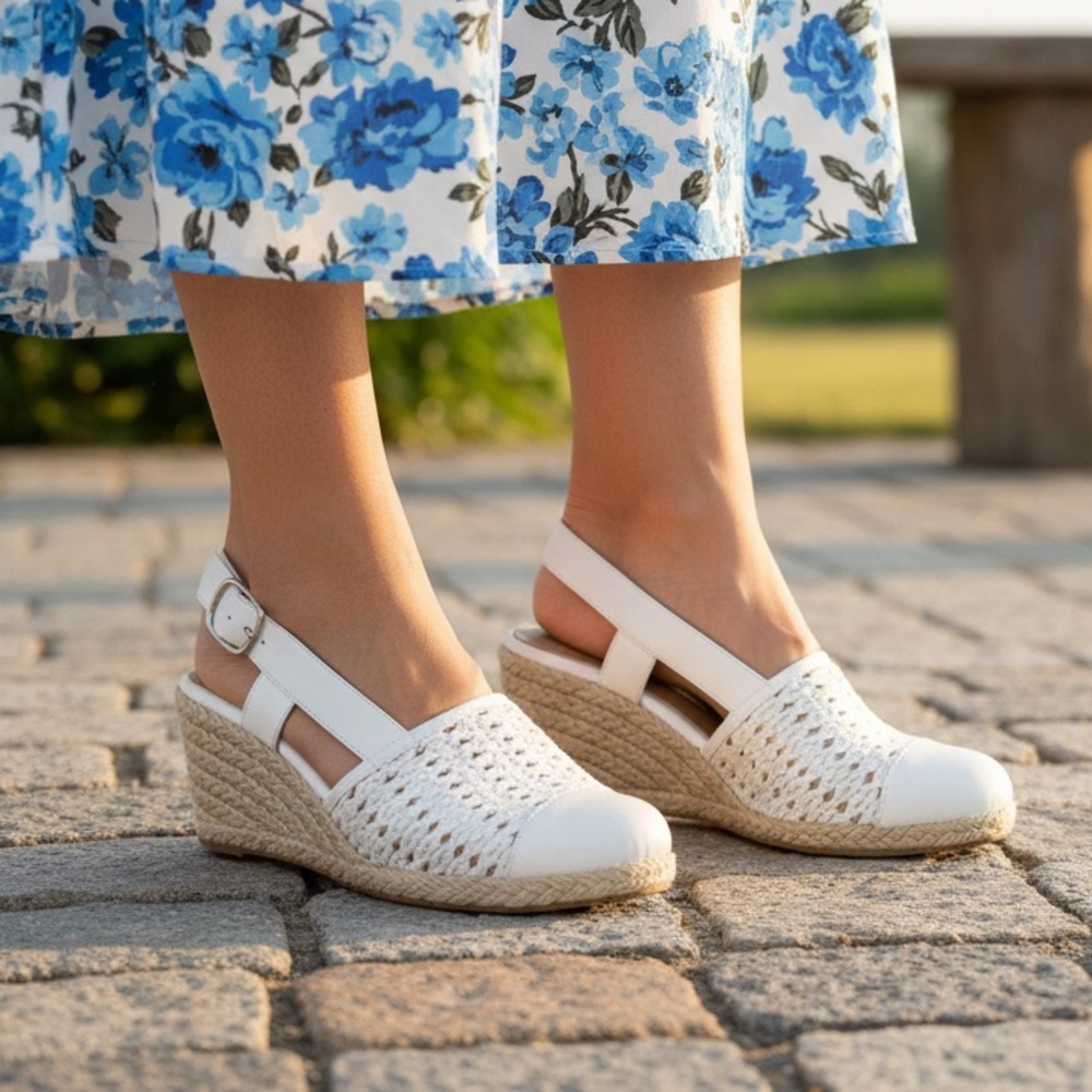 Easy Street Mane White Woven Espadrille Wedge Sandals Size 8.5 M